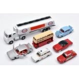 7 Dinky Toys. An AEC articulated petrol tanker in white ESSO livery. Triumph 1300 Saloon in light