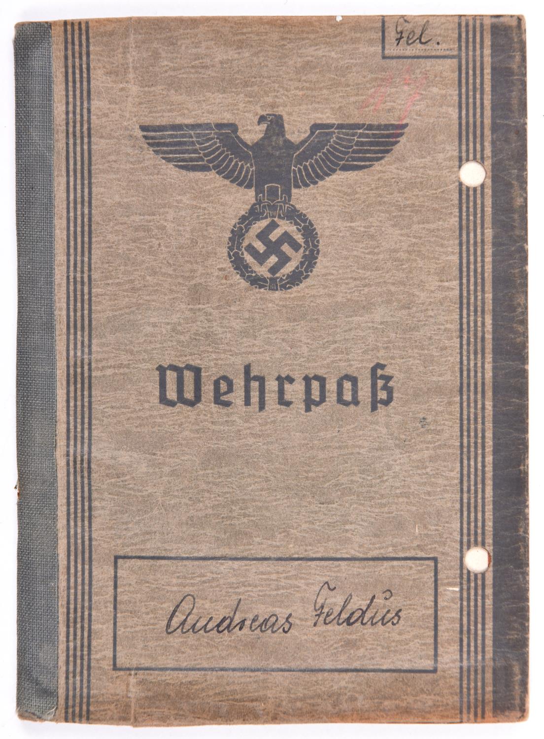 A Third Reich Wehrpass, to Andreas Geldus, who joined the Waffen SS in 1942, being promoted to