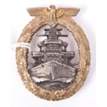 A Third Reich High Seas Fleet badge, with gilt washed wreath and silver/grey centre, the unmarked