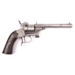 A Belgian 6 shot 12mm Mariette single action pinfire revolver, number 555, c 1860, sighted round
