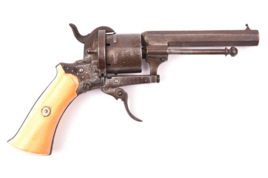 A Belgian 6 shot 7mm double action pinfire revolver, c 1865, octagonal barrel 85mm; Liege proved;
