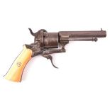 A Belgian 6 shot 7mm double action pinfire revolver, c 1865, octagonal barrel 85mm; Liege proved;