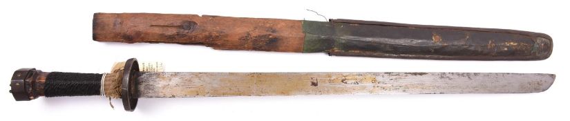 A Tibetan sword, probably 19th century, straight SE blade 26" with hatchet tip, the hilt having