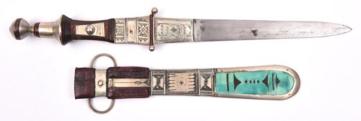 A 20th century Nigerian knife, thin DE blade 6¼”with engraved WM panel at forte, wooden hilt with WM