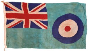 An RAF flag, 56” x 33”, printed on thin linen, with Union flag in one corner and RAF roundel, on