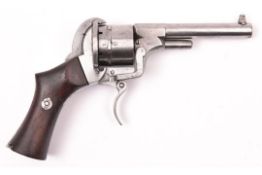 A Belgian 6 shot 7mm Comblain self cocking pinfire revolver, c 1865, round barrel with octagonal