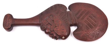 A Maori ceremonial wooden War Club, Kotiate, probably 20th century, 13" overall, intrically carved