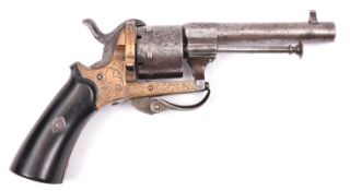 A Belgian 6 shot 7mm Lefaucheux double action pin fire revolver, c 1865, round barrel 86mm, the