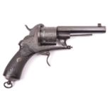 A Belgian 6 shot 12mm Chamelot & Delvigne double action pinfire revolver, c 1865, octagonal barrel