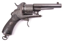 A Belgian 6 shot 12mm Chamelot & Delvigne double action pinfire revolver, c 1865, octagonal barrel