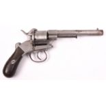 A Belgian 6 shot 12mm Lefaucheux double action pinfire revolver, c 1865, round barrel 158mm, Liege