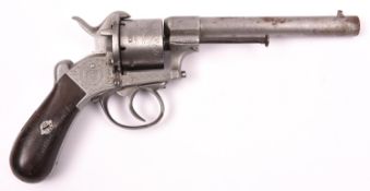 A Belgian 6 shot 12mm Lefaucheux double action pinfire revolver, c 1865, round barrel 158mm, Liege