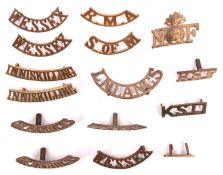 10 various brass shoulder titles: pair INNISKILLING (Dragoons), S of M, R.M.A. (curved), WESSEX (x