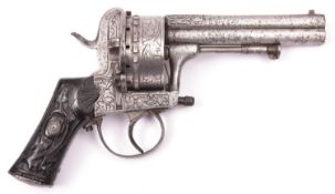 An unusual Belgian double barrelled 18 shot 7mm double action pinfire revolver, number 1429, c 1865,