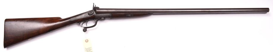 A DB 12 bore underlever pinfire shotgun, by W. Barratt, Burton on Trent, c 1865, 46" overall,
