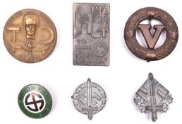 6 Third Reich small pin back badges: Hungarian Deutschen Volksbund enamelled; grey metal 10th