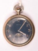 DH marked Zenith pocket watch. Plated case, 51mm diameter, screw back with three indents for case