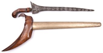 A Malay kris, straight thin blade 12½” with deeply etched pamor pattern, the stained wood hilt