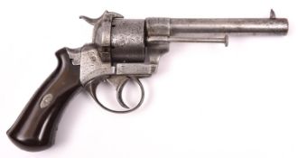 A French (?) 6 shot 12mm Lefaucheux double action pinfire revolver, round barrel 132mm with traces