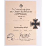 A 1939 Iron Cross 2nd Class, VGC apart from the suspension ring missing, together with award