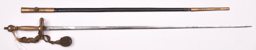 A Victorian Court sword, slender blade 31½” etched with crowned “VR”, scrolls, crossed flags, and