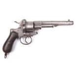 A Belgian 6 shot 12mm Lefaucheux double action pinfire revolver, number 248465, c 1868, round barrel