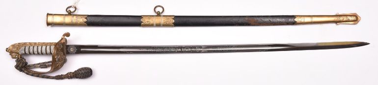 A late Vic Naval officer's sword, blade 31", by Larcom & Veysey, Outfitters, Portsmouth, etched with