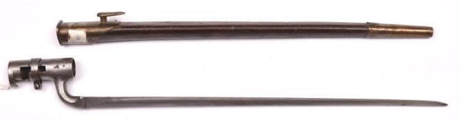 A P1853 Enfield triangular bladed socket bayonet, the socket numbered “148”, in its brass mounted