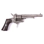 A Belgian 6 shot 9mm Lefaucheux double action pinfire revolver, c 1865, number 94524, round barrel
