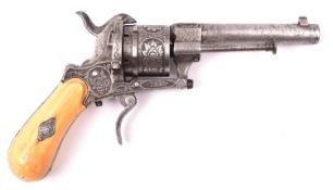 A Belgian 6 shot 7mm Lefaucheux double action pinfire revolver, c 1865; round barrel 85mm; Liege