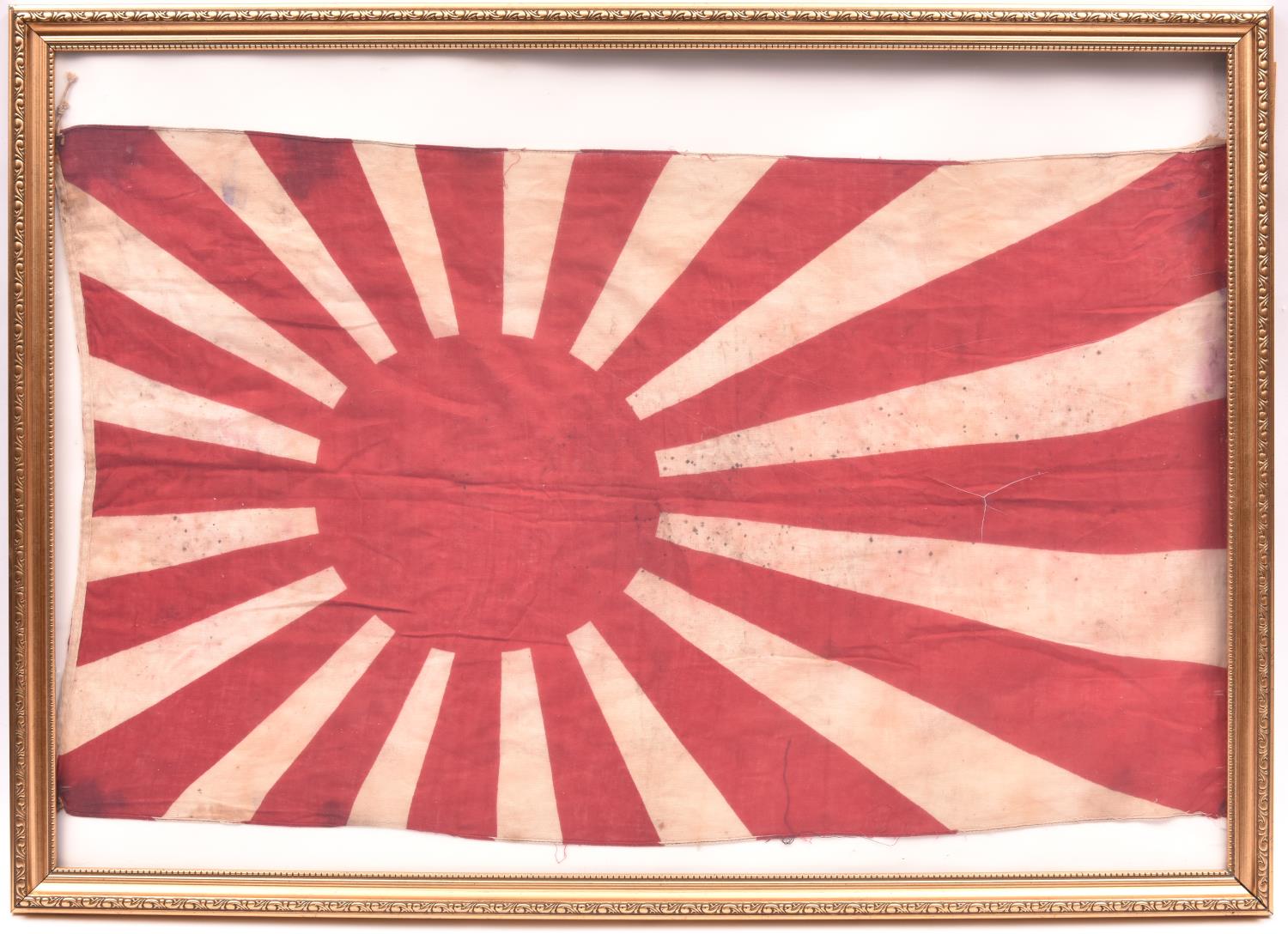 A WWII Japanese rising sun linen flag, 33” x 19”, basically GC (small spots of stain overall), in