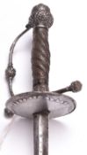 A 17th century dish hilted rapier, c 1640, the 32” blade of concave diamond section, the iron hilt