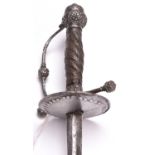 A 17th century dish hilted rapier, c 1640, the 32” blade of concave diamond section, the iron hilt