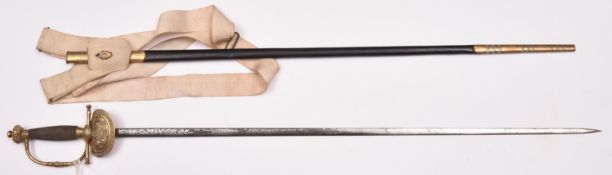 A Victorian court sword, slender blade 32” etched with crowned “VR”, scrolls, P.O.W. feathers, “By