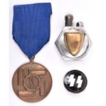 Third Reich SS items: small enamelled pin back badge, the back marked “GES. GESCH” and RZM mark;
