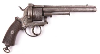 A Belgian 6 shot 9mm Merolla double action closed frame pinfire revolver, number 2130, c 1866,