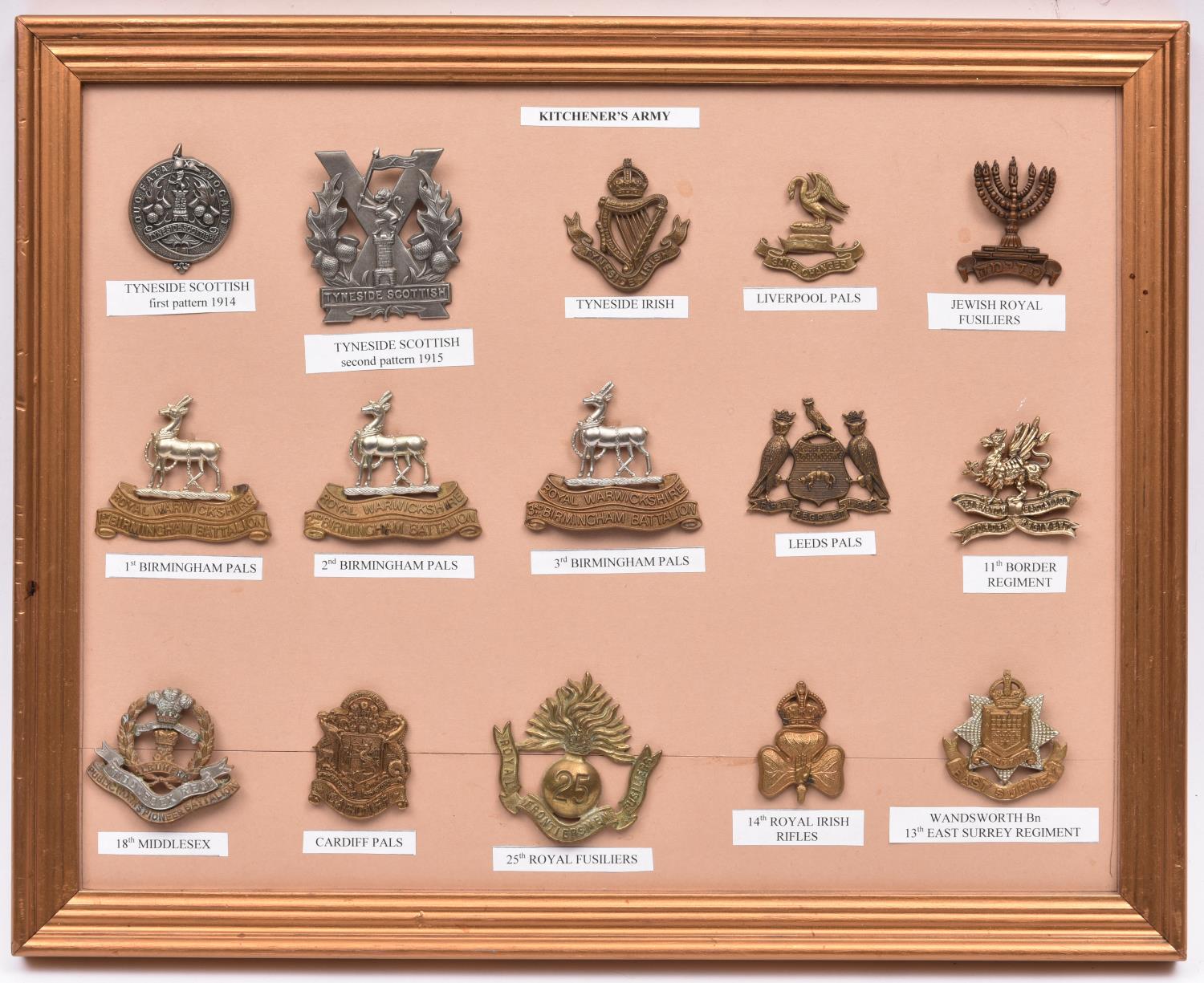 15 restrike mostly WWI “Kitchener’s Army” cap badges, including 1st type Tyneside Scottish, 1st 2nd,