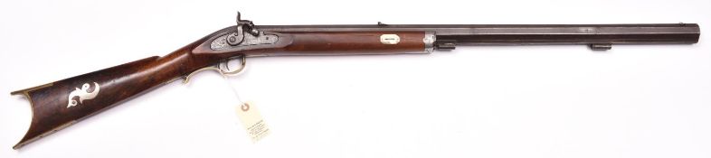 An American .45” percussion Plains Rifle, c 1850, 46” overall, heavy octagonal barrel 30” with