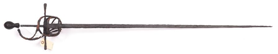 A late 16th/early 17th century swept hilt rapier, probably German, slender fullered blade 41”,