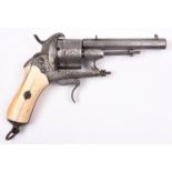 A Belgian 6 shot 12mm Chamelot & Delvigne double action pinfire revolver, c 1865, sighted