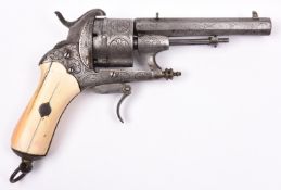 A Belgian 6 shot 12mm Chamelot & Delvigne double action pinfire revolver, c 1865, sighted