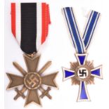 A Third Reich War Merit Cross 2nd class with swords, and a Mother’s Cross, 2nd type, in bronze.