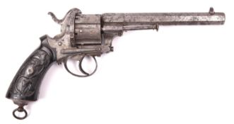 A Belgian 6 shot 12mm Auger double action pinfire revolver, c 1866, octagonal barrel 165mm inlaid in