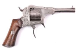 A Belgian 6 shot 7mm Jongen Freres closed frame double action pin fire revolver, c 1860, number