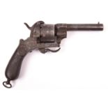 A Spanish 6 shot 12mm double action pinfire revolver c 1866, round barrel 108mm silver inlaid “F. DE