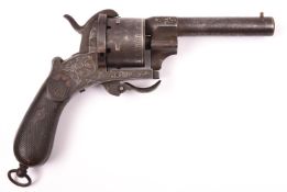 A Spanish 6 shot 12mm double action pinfire revolver c 1866, round barrel 108mm silver inlaid “F. DE