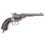 A Belgian 6 shot 12mm single action pinfire revolver, c1860, sighted octagonal barrel 170mm,