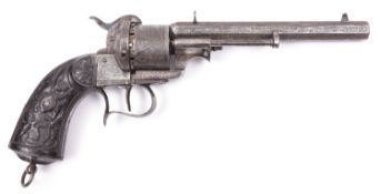 A Belgian 6 shot 12mm single action pinfire revolver, c1860, sighted octagonal barrel 170mm,