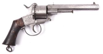 A Belgian 6 shot 12mm Lefaucheux double action pinfire revolver, number 27876, c 1860, sighted