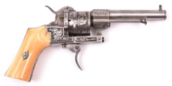 A Belgian 6 shot 7mm Lefaucheux double action pinfire revolver, number 100505, c 1865, round